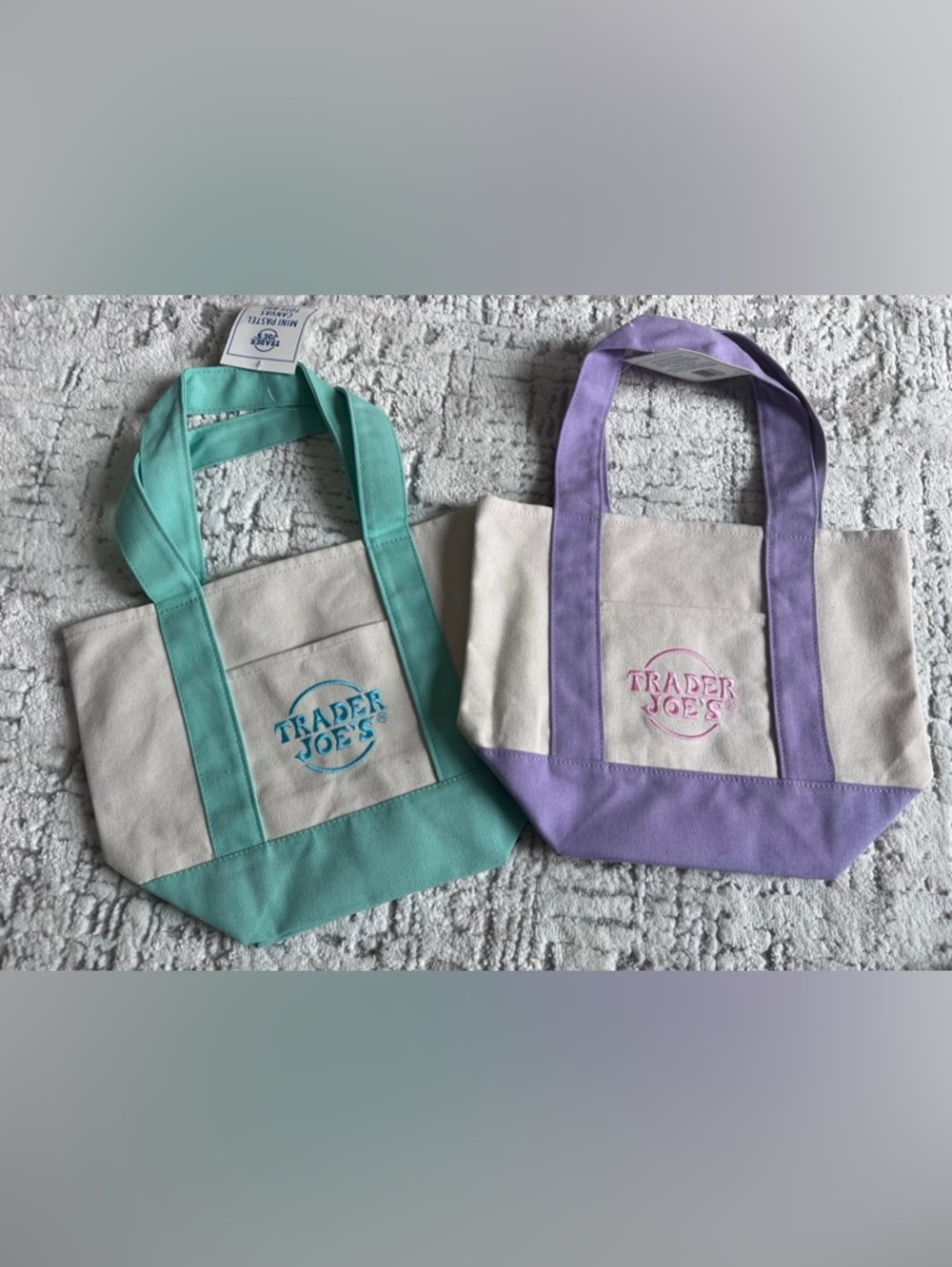Trader Joes Mini Pastel Canvas Tote Bag 2 Piece Set NEW! Green and purple